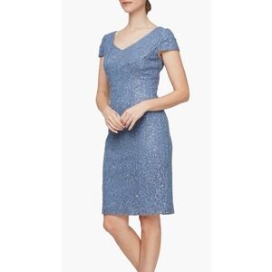 Alex Evenings Women's Blue Sequin Lace Sheath Dress Party Cocktail